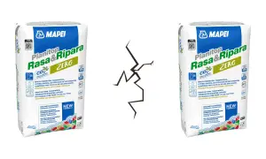 Due sacchi di Planitop Rasa&Ripara Mapei, ideali per il lavoro di ripristino. La formula a zero emissioni di CO2 compensa l'impatto ambientale.