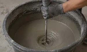 Mano guantata mescola cemento in un secchio, mostrando come fare il cemento per esterni.