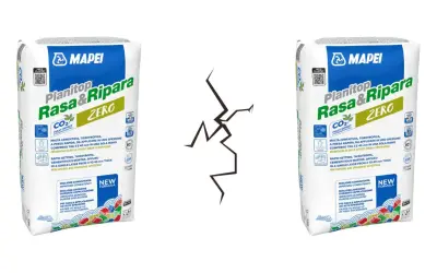 Due sacchi di Planitop Rasa&Ripara Mapei, ideali per il lavoro di ripristino. La formula a zero emissioni di CO2 compensa l'impatto ambientale.