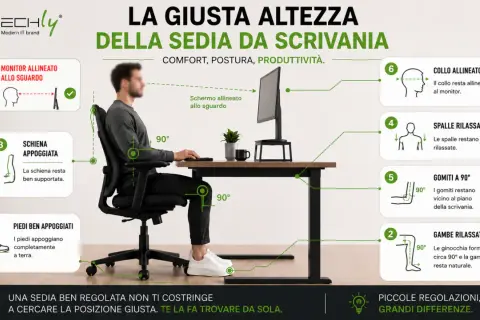 Guida alla postura corretta: scopri quanto è alta una sedia da scrivania per comfort, schiena, gambe e braccia a 90°.
