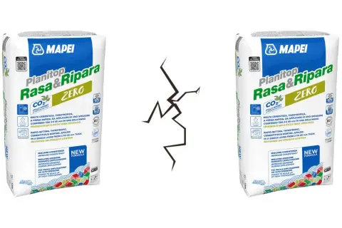 Due sacchi di Planitop Rasa&Ripara Mapei, ideali per il lavoro di ripristino. La formula a zero emissioni di CO2 compensa l'impatto ambientale.