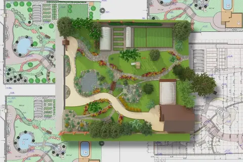 Progetto di un giardino con laghetto, serre e piscina, in attesa di autorizzazione paesaggistica.
