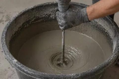 Mano guantata mescola cemento in un secchio, mostrando come fare il cemento per esterni.