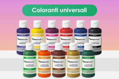 Scopri come colorare resina epossidica con questi coloranti universali Naturcolor in varie tonalità: viola, giallo, magenta, rosso, blu, nero, verde cromo, arancione, marrone, ocra e verde.