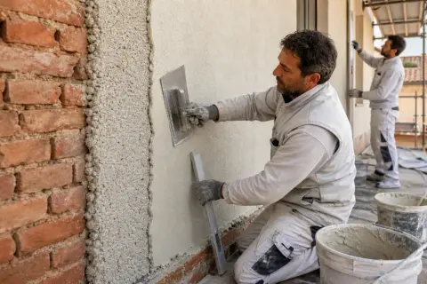 Muratori al lavoro su un'impalcatura, uno stende l'intonaco su un muro di mattoni. Dopo l'intonaco posso pitturare.