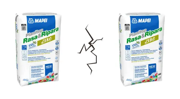 Due sacchi di Planitop Rasa&Ripara Mapei, ideali per il lavoro di ripristino. La formula a zero emissioni di CO2 compensa l'impatto ambientale.