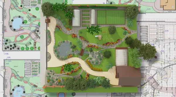 Progetto di un giardino con laghetto, serre e piscina, in attesa di autorizzazione paesaggistica.