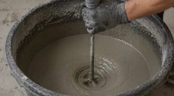 Mano guantata mescola cemento in un secchio, mostrando come fare il cemento per esterni.