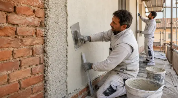 Muratori al lavoro su un'impalcatura, uno stende l'intonaco su un muro di mattoni. Dopo l'intonaco posso pitturare.