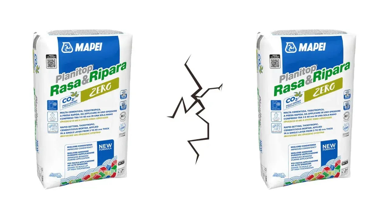 Due sacchi di Planitop Rasa&Ripara Mapei, ideali per il lavoro di ripristino. La formula a zero emissioni di CO2 compensa l'impatto ambientale.