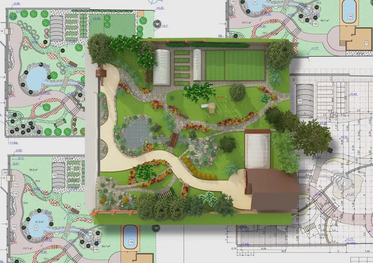 Progetto di un giardino con laghetto, serre e piscina, in attesa di autorizzazione paesaggistica.