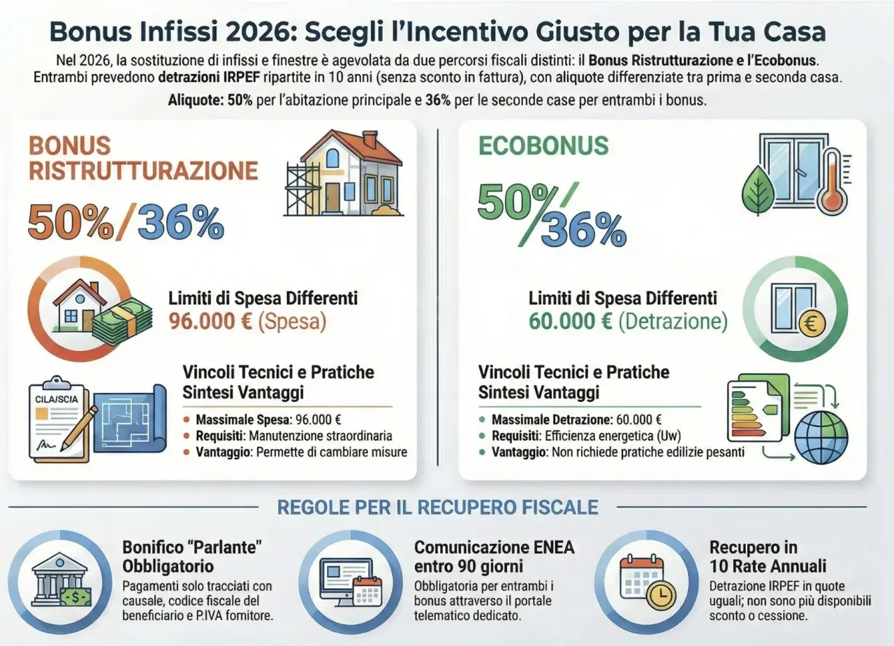 Bonus Infissi 2026: confronto tra Bonus Ristrutturazione ed Ecobonus, con detrazioni IRPEF e aliquote per ottenere uno sgravio fiscale.