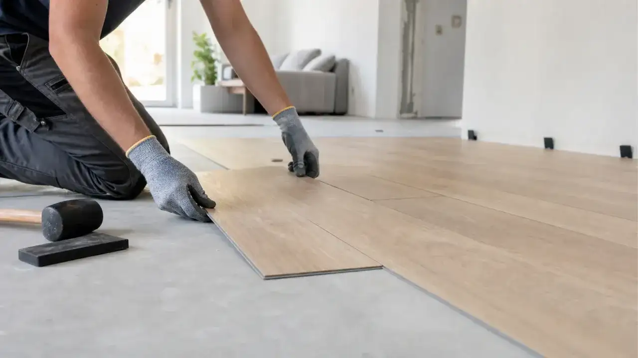 Installazione di un pavimento spc, un materiale resistente e facile da posare, che trasforma ogni ambiente con un tocco di stile moderno.