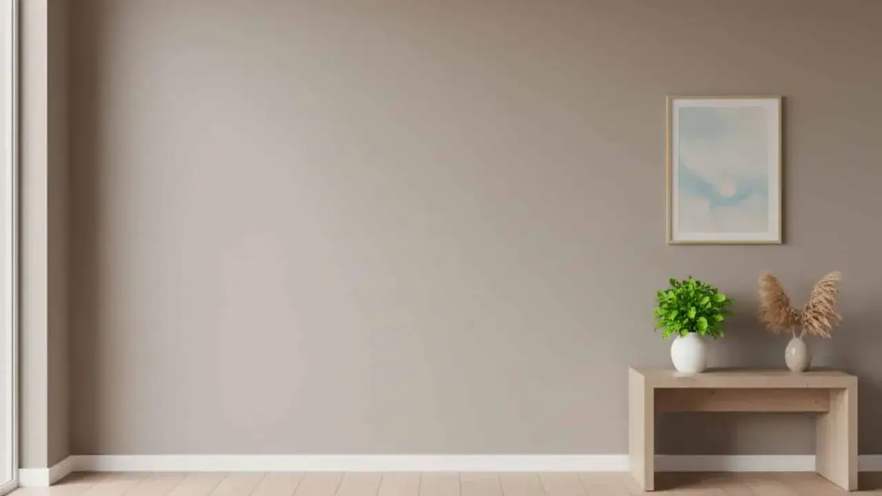 Parete color tortora, ideale per chi vuole sapere come pitturare le pareti di casa. Un quadro astratto e piante decorano l'angolo.