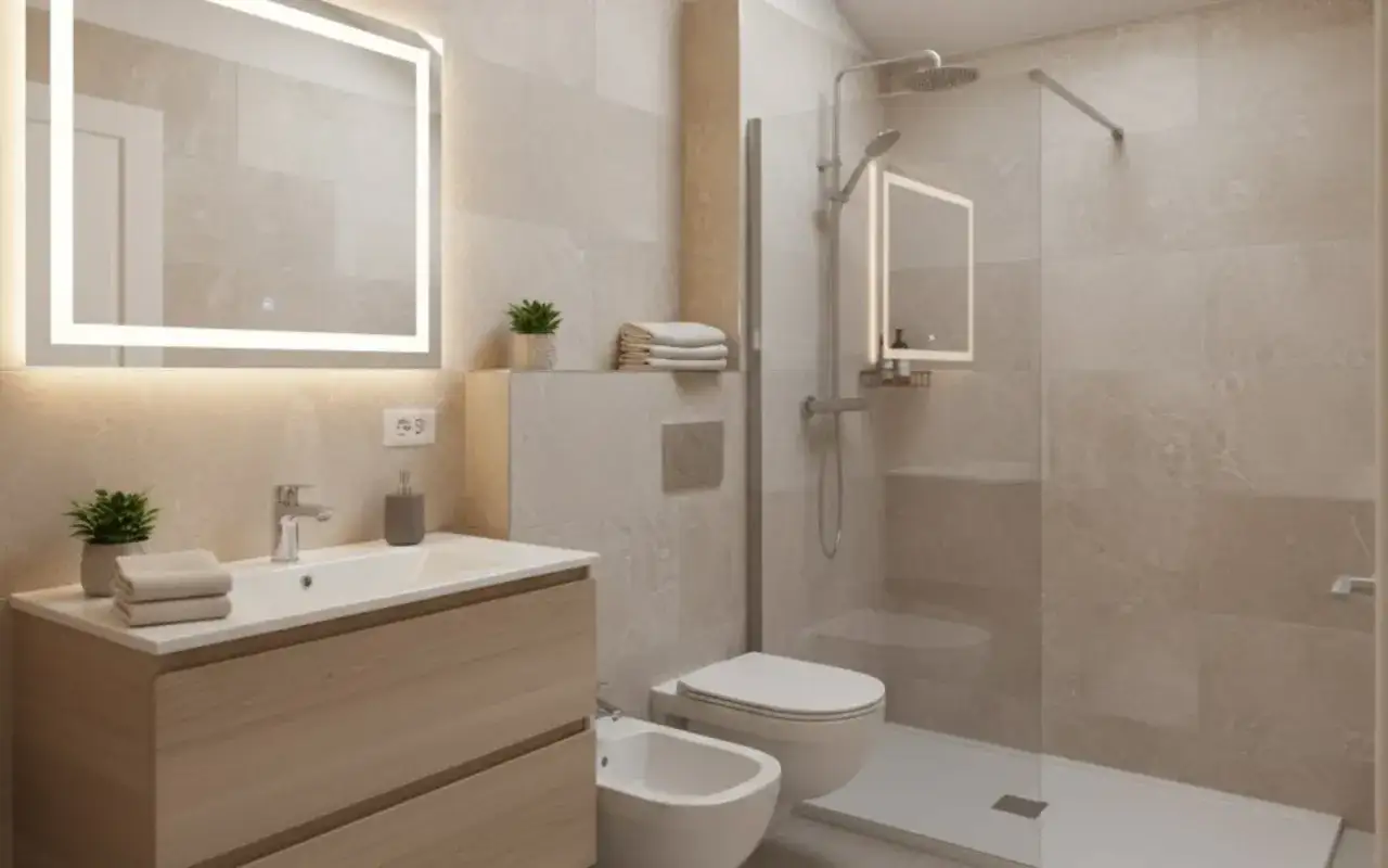 Bagno moderno con lavabo in legno, specchio luminoso e doccia a filo pavimento. Ottime idee bagno piccolo per sfruttare ogni centimetro.