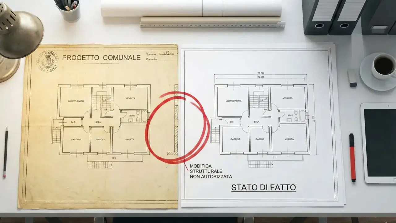 Confronto tra progetto originale e stato di fatto: un abuso edilizio dopo 20 anni &egrave; evidenziato da un cerchio rosso su una modifica strutturale non autorizzata.