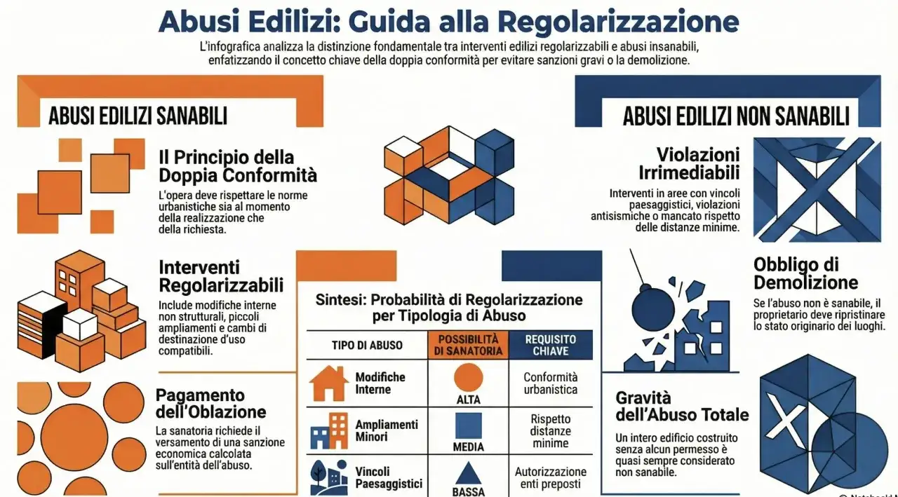 Guida alla regolarizzazione degli abusi edilizi: distinzione tra interventi sanabili e non, con focus su doppia conformità e obbligo di demolizione.