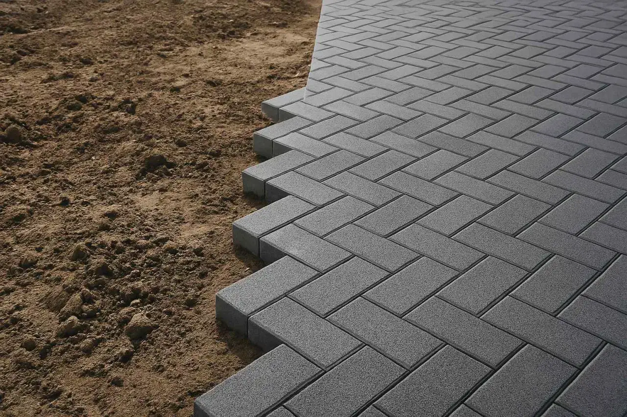 Blocchi cemento per pavimenti esterni posati a spina di pesce, con un lato che incontra il terreno.
