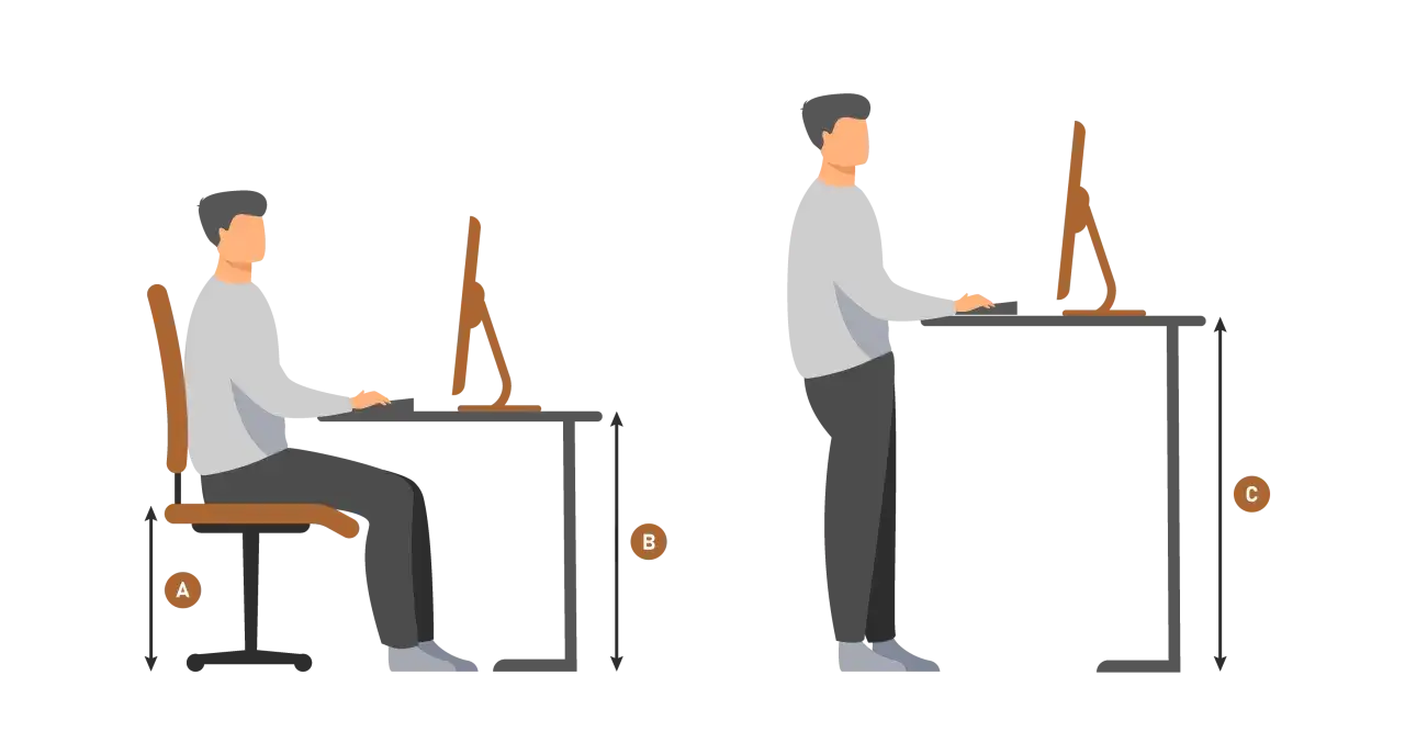 Illustrazione mostra un uomo seduto e in piedi al computer, con frecce che indicano le altezze. Aiuta a capire qual &egrave; l'altezza del piano di lavoro ideale.