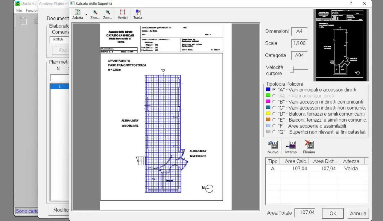 Schermata del software Docfa 4.0 per il nuovo catasto edilizio urbano. Mostra la planimetria di un appartamento e le relative informazioni.