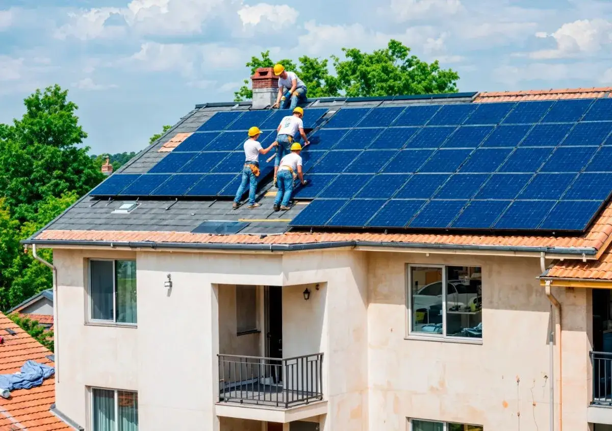 Operai installano pannelli fotovoltaici sul tetto di una casa. Un iter semplificato fotovoltaico rende l'installazione pi&ugrave; veloce.