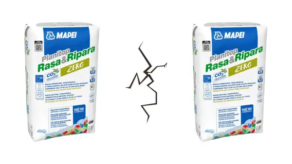 Due sacchi di Planitop Rasa&Ripara Mapei, ideali per il lavoro di ripristino. La formula a zero emissioni di CO2 compensa l'impatto ambientale.