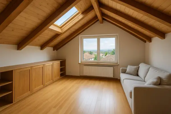Accogliente sottotetto abitabile con travi a vista in legno, divano, armadi su misura e vista panoramica.