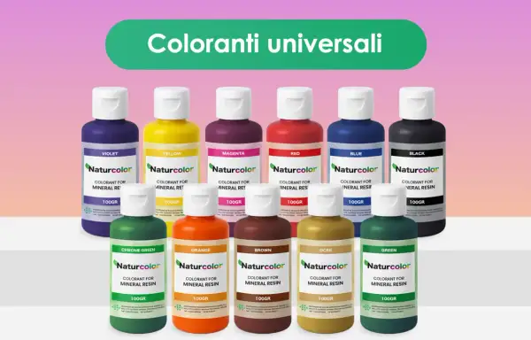 Scopri come colorare resina epossidica con questi coloranti universali Naturcolor in varie tonalità: viola, giallo, magenta, rosso, blu, nero, verde cromo, arancione, marrone, ocra e verde.