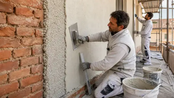 Muratori al lavoro su un'impalcatura, uno stende l'intonaco su un muro di mattoni. Dopo l'intonaco posso pitturare.