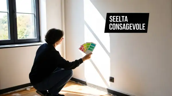 Persona sceglie colori per come pitturare una casa moderna, tenendo campioni di vernice contro il muro bianco illuminato dal sole.